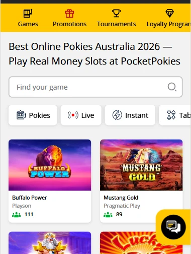 Pocket Pokies mobile lobby with the games menu, search bar and pokies tiles