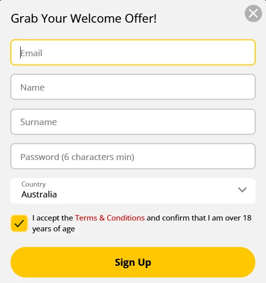 Pocket Pokies sign-up form with email, name, password and country fields